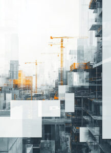 Modern and minimalist cityscape featuring abstract geometric overlays and construction crane